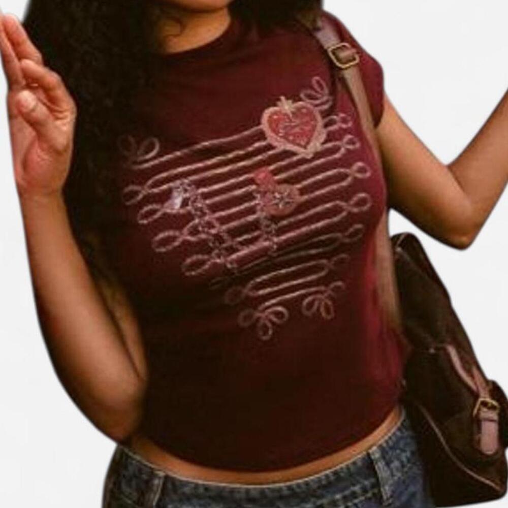 Brand new Cider burgundy crop top with silver heart and scrollwork design
